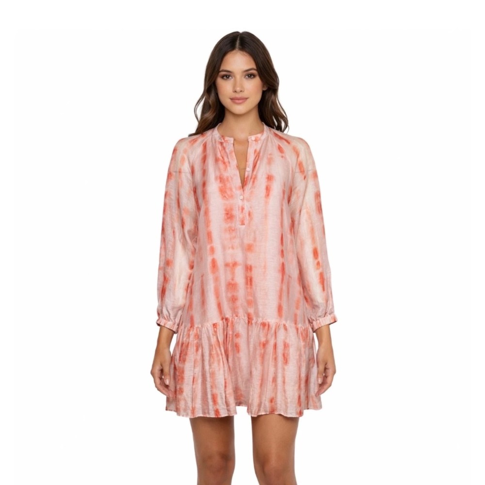 Marie Oliver Mini Dress Womens Small Pink Coral Tie Dye Excellent Linen Silk Mix